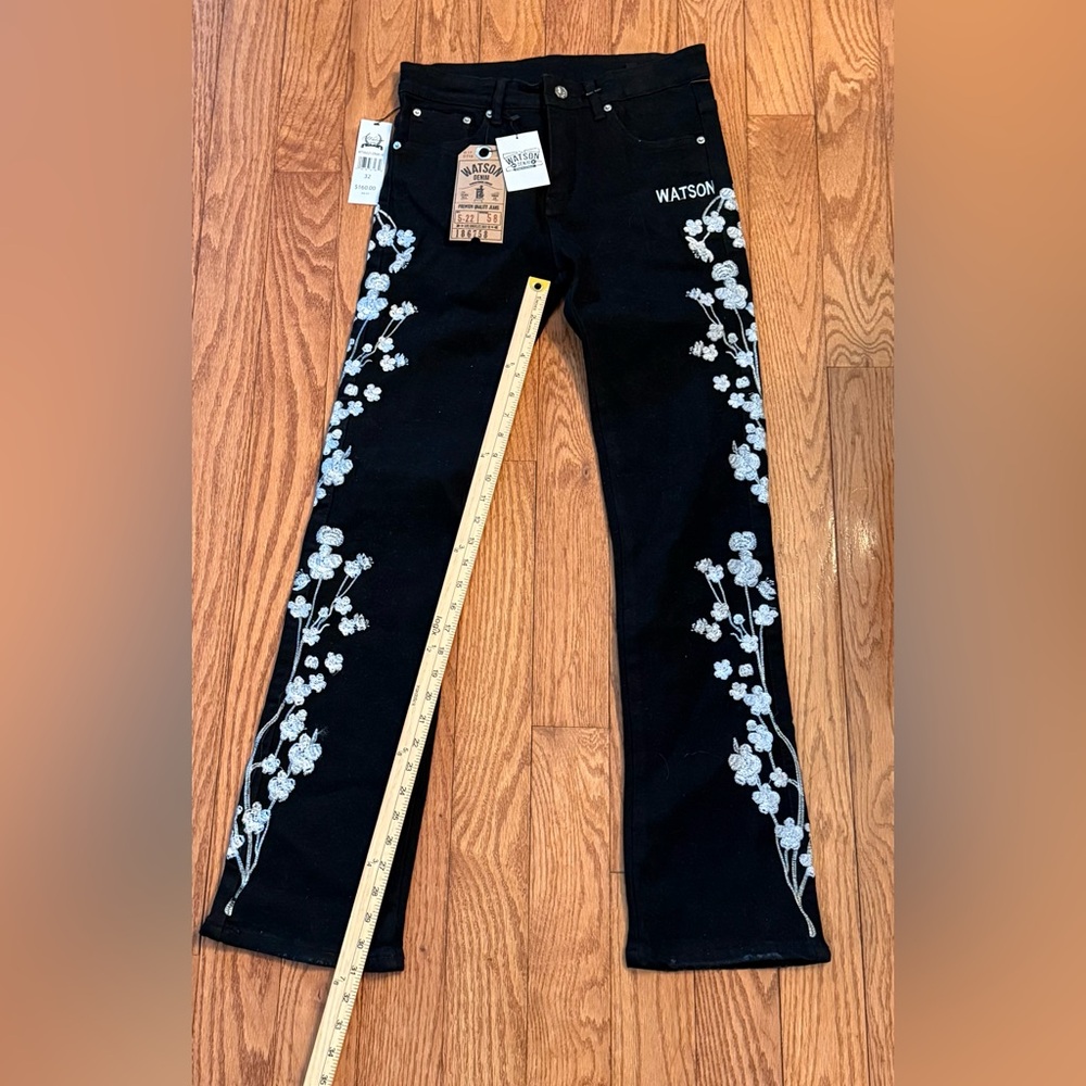 NWT Watson Silver CHERRY BLOSSOM DENIM Pants Size  32 Y2K Black And White $160